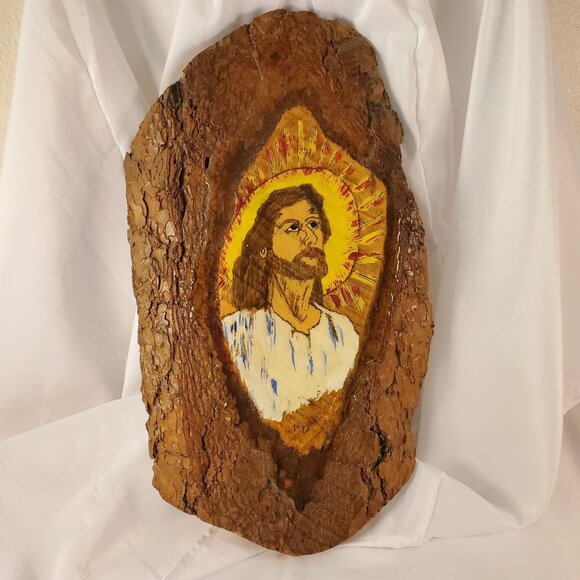 Vintage 1982 Jesus Christ Painting On Black Hills Pine Bark Wall Art 18.5" x 10" - Picture 12 of 12